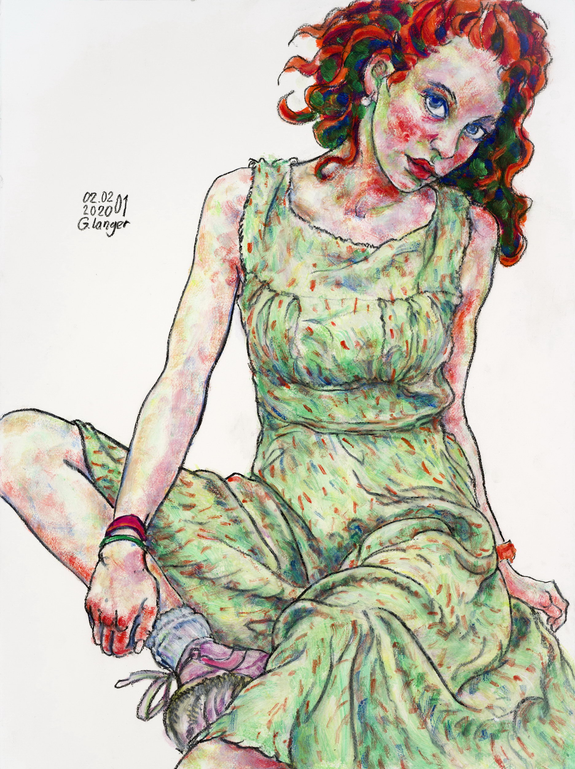 Gunter Langer, Sitzendes Mädchen in grünem Kleid, Sommerlaune, 2020, Acryl Wasserfarbe Bleistift, Büttenpapier, 76 x 56 cm